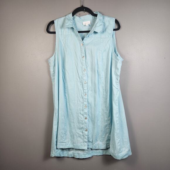 J Jill Love Linen Womens Shirt Sz L Tall LT Turquoise Button Up Sleeveless Top - Picture 1 of 6